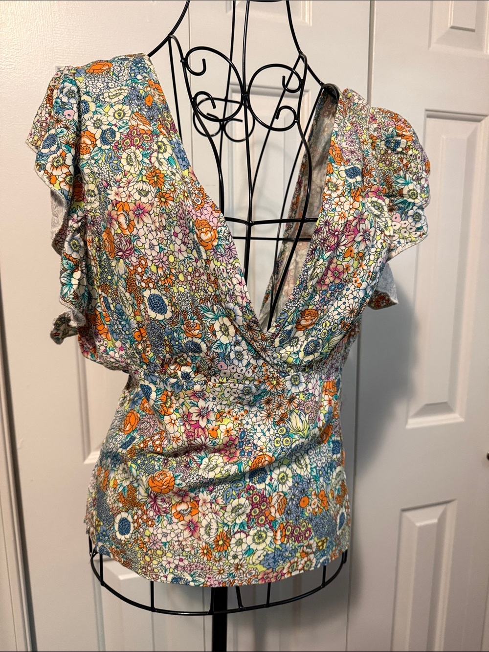 Roxy Multicolor Floral V-Neck Blouse - Orange, Blue, Green